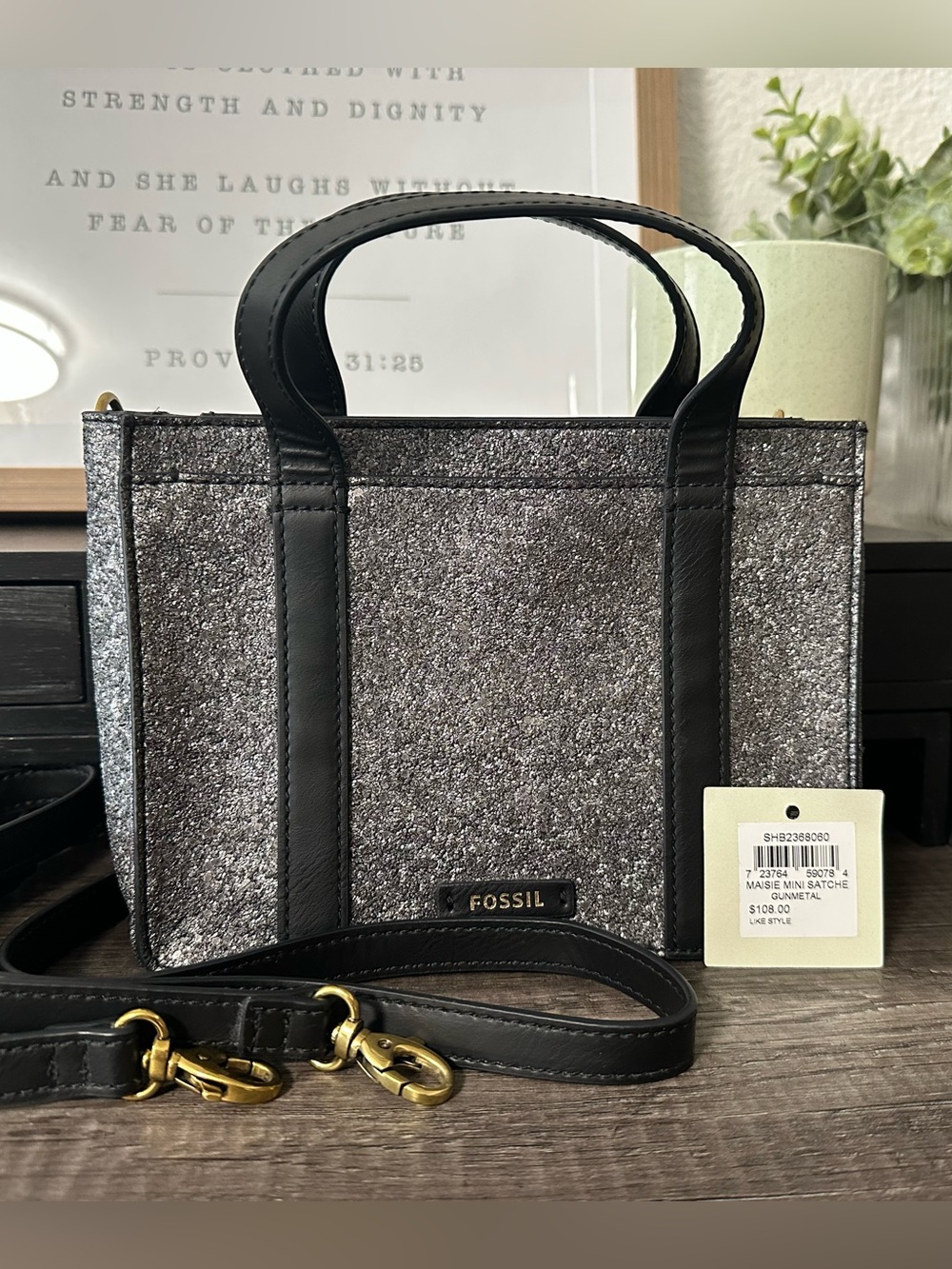 Fossil MINI MAISIE Satchel Crossbody Gunmetal NWT